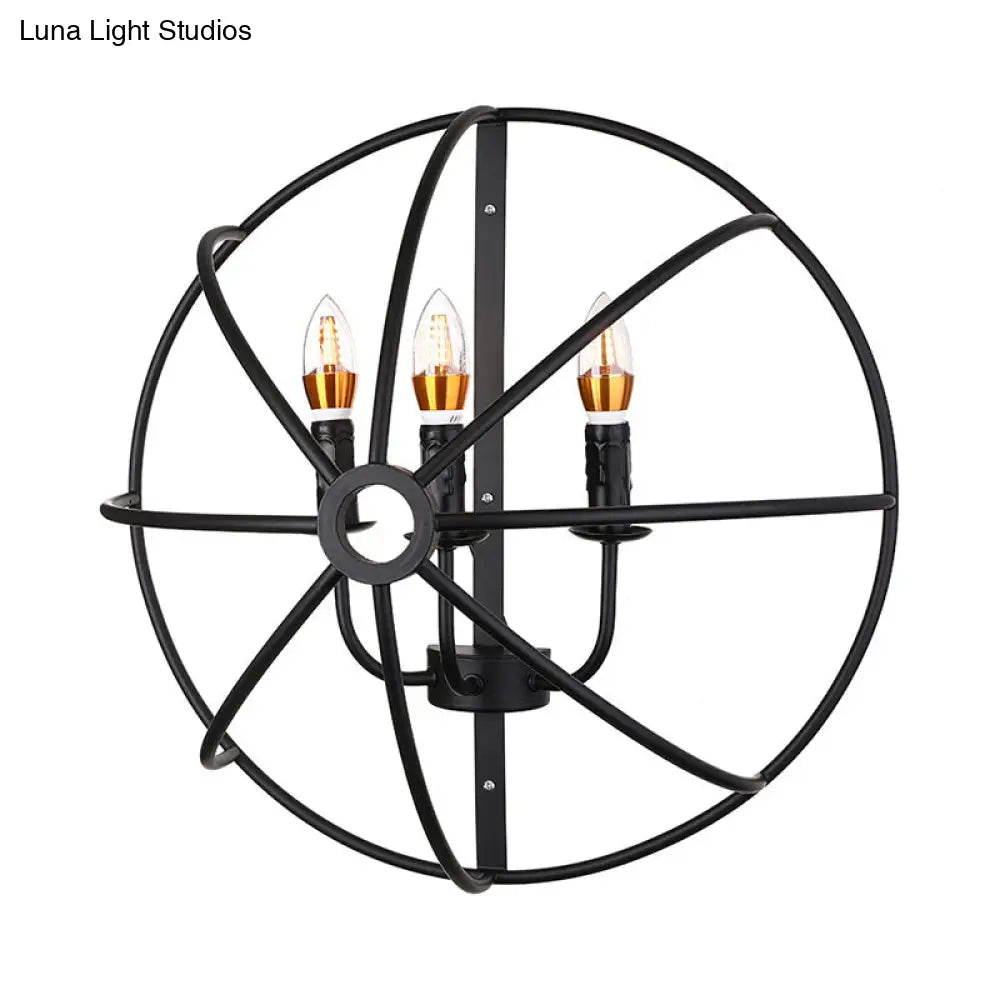 Industrial Circle Caged Wall Sconce Light With Candle Design - 2/3 Lights For Dining Room Black Iron