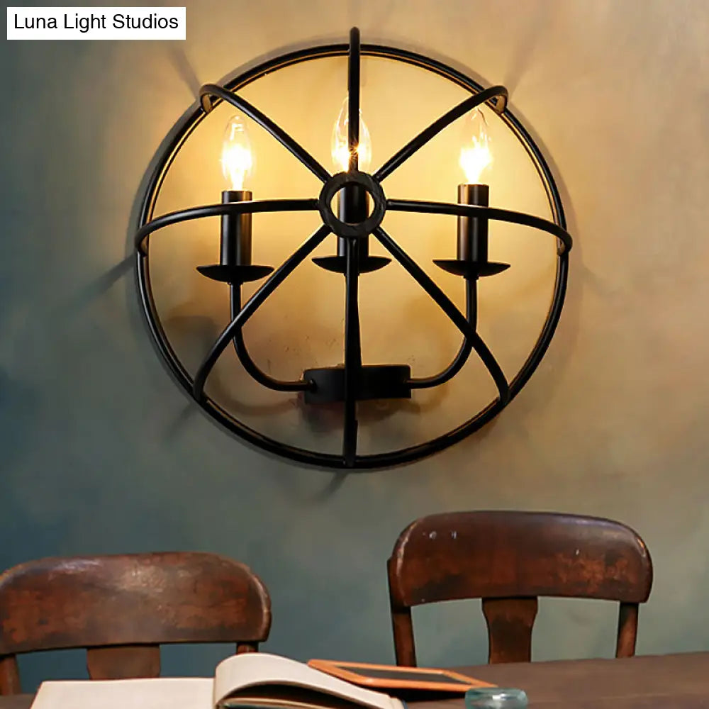 Industrial Circle Caged Wall Sconce Light With Candle Design - 2/3 Lights For Dining Room Black Iron