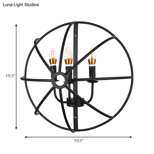 Industrial Circle Caged Wall Sconce Light With Candle Design - 2/3 Lights For Dining Room Black Iron