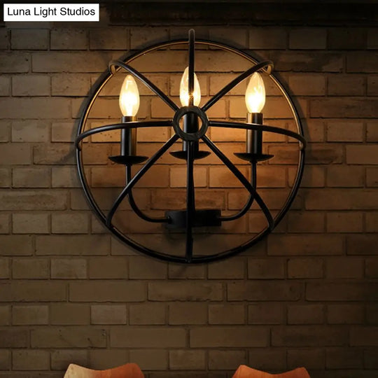 Industrial Circle Caged Wall Sconce Light With Candle Design - 2/3 Lights For Dining Room Black Iron