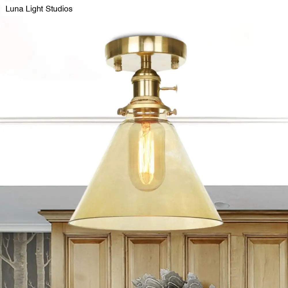 Industrial 1-Light Ceiling Fixture With Clear/Amber Glass Shade - Semi Flush Mount For Living Room