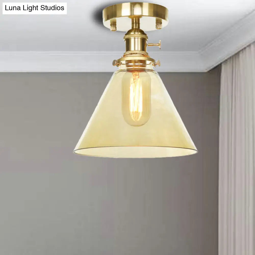 Industrial 1-Light Ceiling Fixture With Clear/Amber Glass Shade - Semi Flush Mount For Living Room