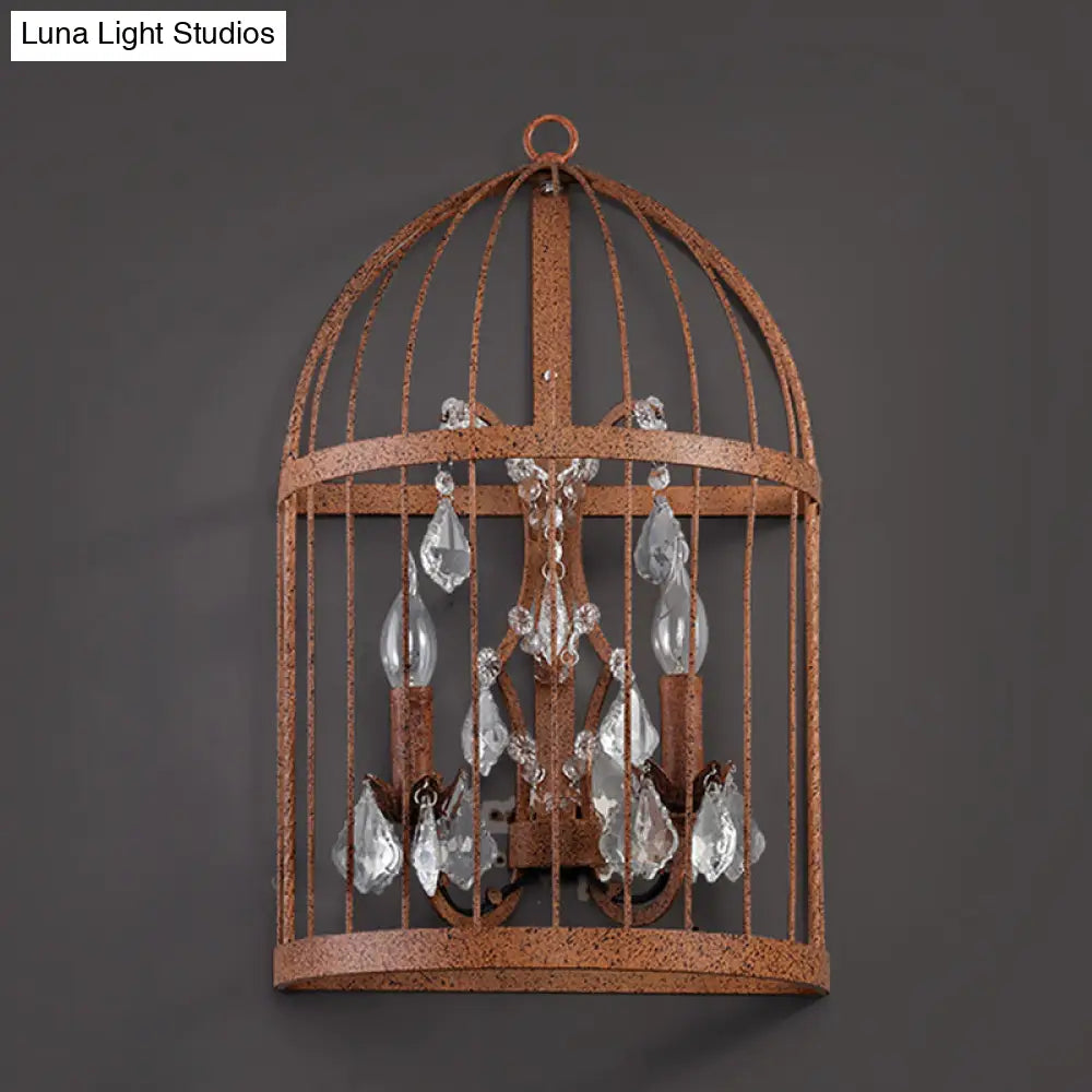 Industrial Clear Crystal Glass Wall Sconce - Rust Lighting Fixture With 2 Heads For Birdcage Living