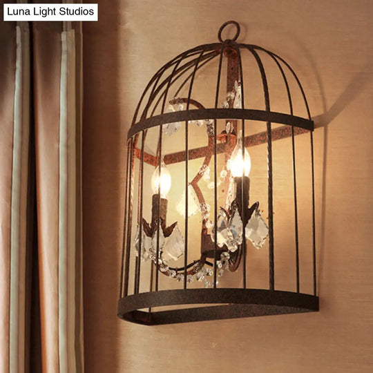 Industrial Clear Crystal Glass Wall Sconce - Rust Lighting Fixture With 2 Heads For Birdcage Living