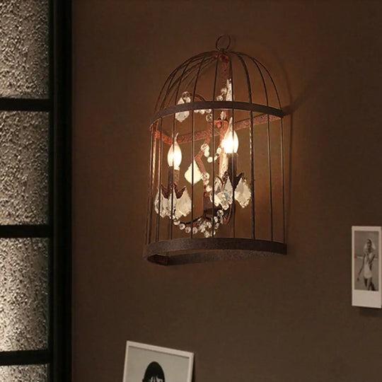 Industrial Clear Crystal Glass Wall Sconce - Rust Lighting Fixture With 2 Heads For Birdcage Living