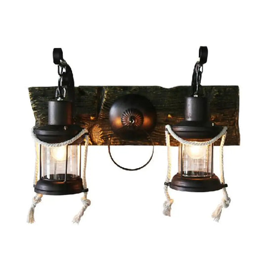 Industrial Clear Glass 2-Light Sconce: Black Kerosene Lighting Fixture For Bedroom