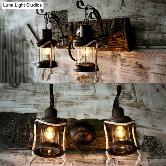 Industrial Clear Glass 2-Light Sconce: Black Kerosene Lighting Fixture For Bedroom