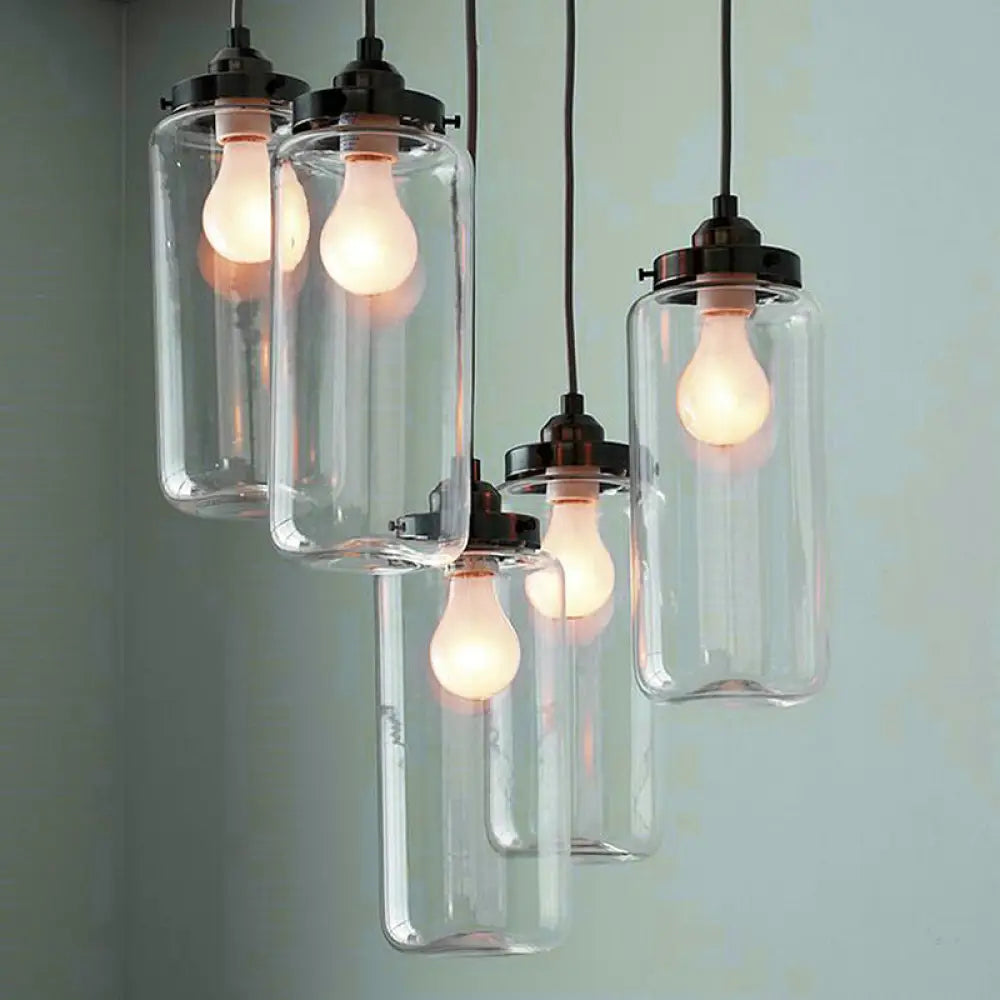 Industrial Clear Glass 5-Light Black Cylinder Multi Pendant Ceiling Light For Coffee Shops