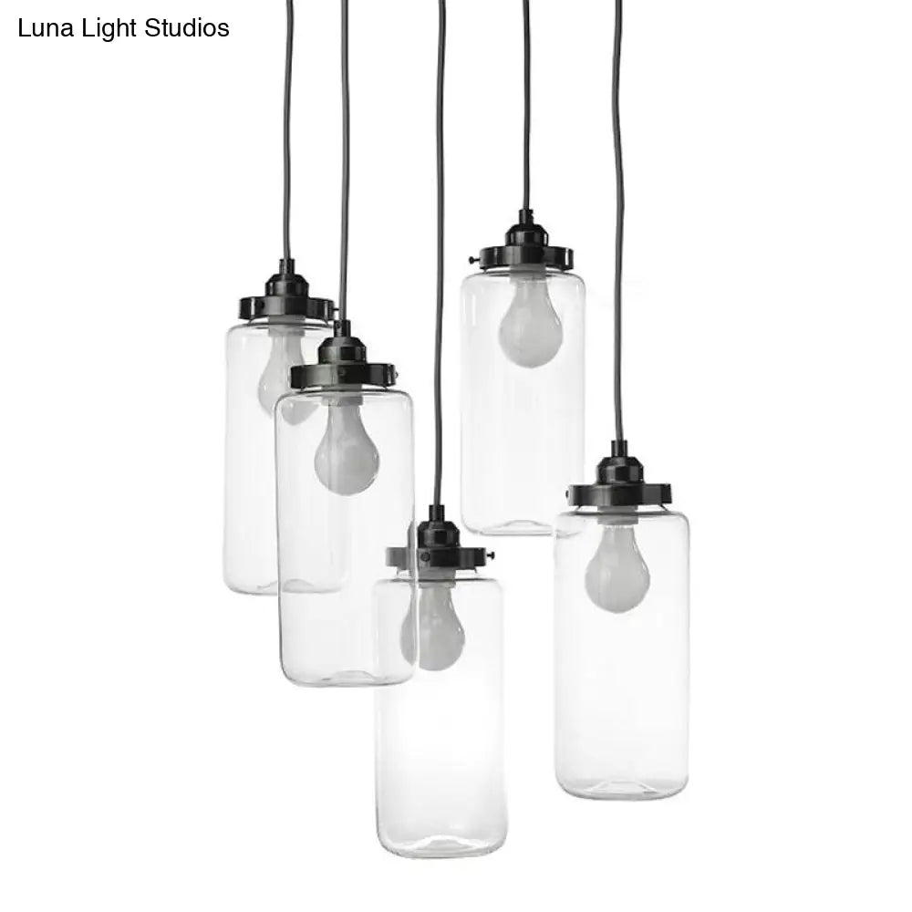 Industrial Clear Glass 5-Light Pendant Ceiling Light With Black Cylinder Design For Coffee Shops