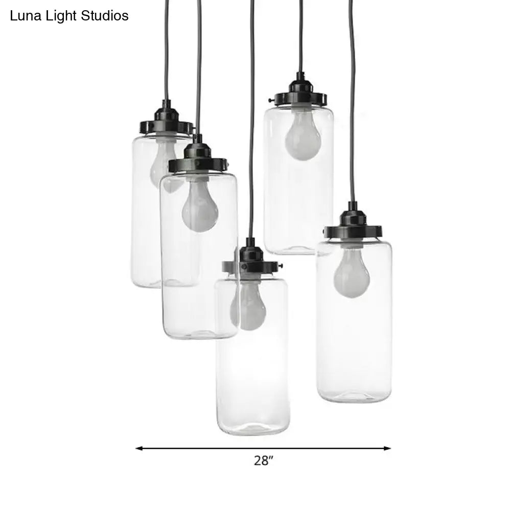 Industrial Clear Glass 5-Light Black Cylinder Multi Pendant Ceiling Light For Coffee Shops