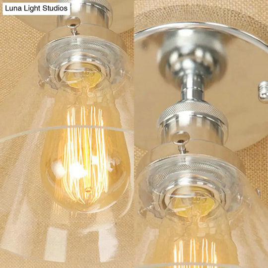 Industrial Clear Glass Ceiling Light In Black/Brass/Copper - Single Bulb Semi Flush Mount