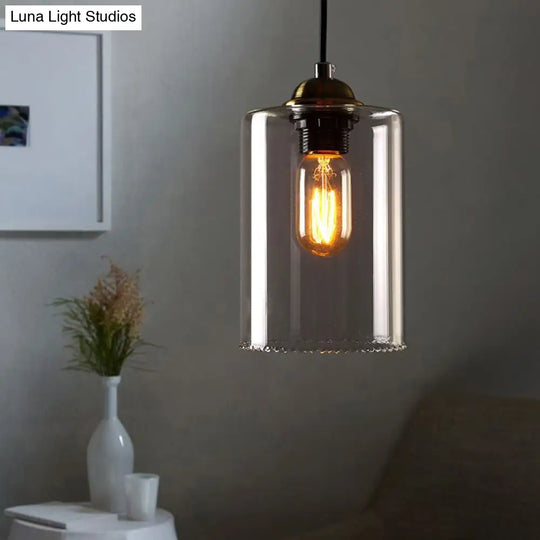 Industrial Clear Glass Ceiling Light Pendant - Black Cylinder Design For Coffee Shops