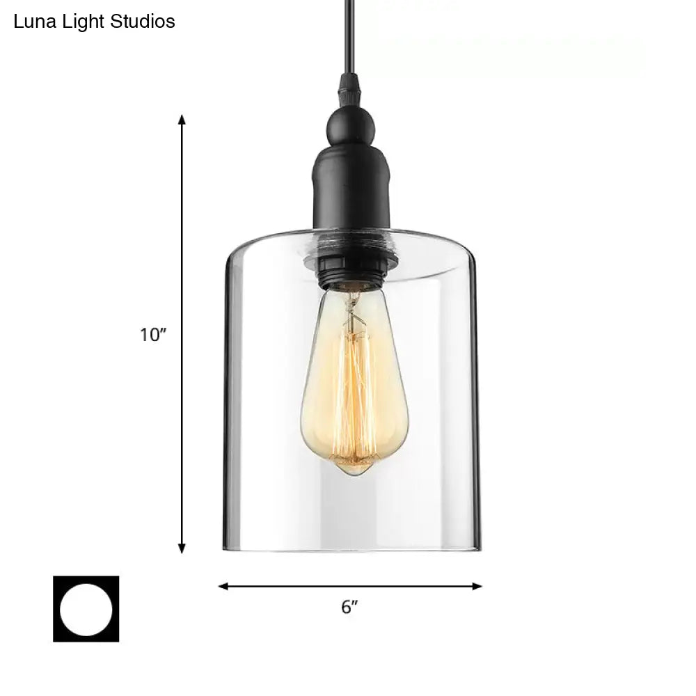 Industrial Clear Glass Pendant Light For Coffee Shops - Black Cylinder Design