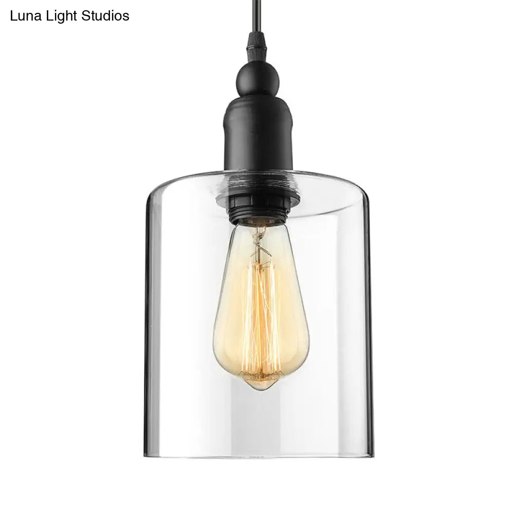 Industrial Clear Glass Pendant Light For Coffee Shops - Black Cylinder Design