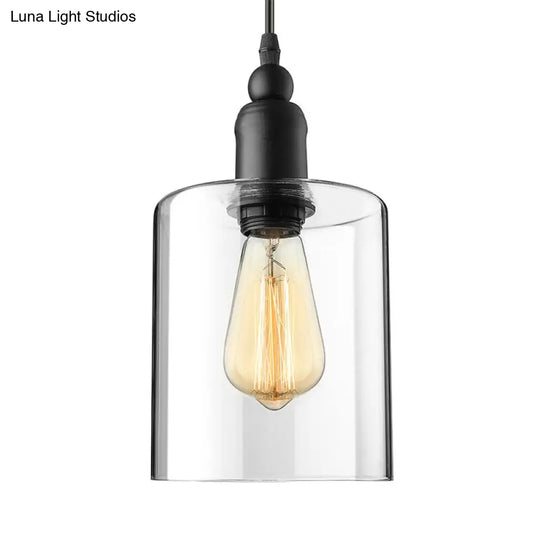 Industrial Clear Glass Pendant Light For Coffee Shops - Black Cylinder Design