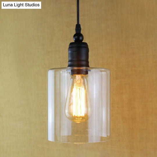 Industrial Clear Glass Pendant Light For Coffee Shops - Black Cylinder Design