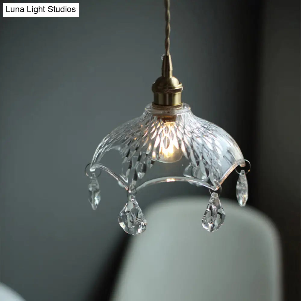 Clear Glass Industrial Pendant Light With Crystal Draping - Elegant Dining Room Ceiling Fixture / C