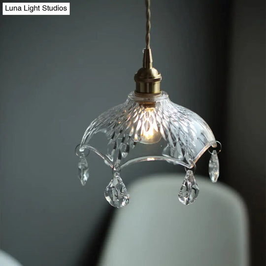 Clear Glass Industrial Pendant Light With Crystal Draping - Elegant Dining Room Ceiling Fixture / C