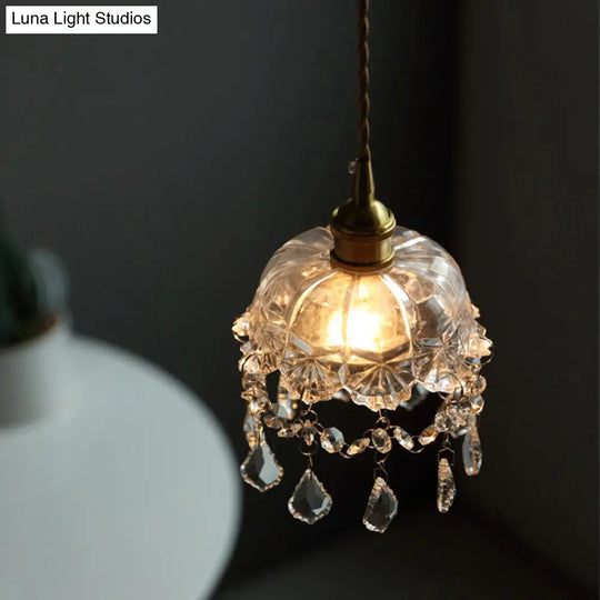 Clear Glass Industrial Pendant Light With Crystal Draping - Elegant Dining Room Ceiling Fixture / A