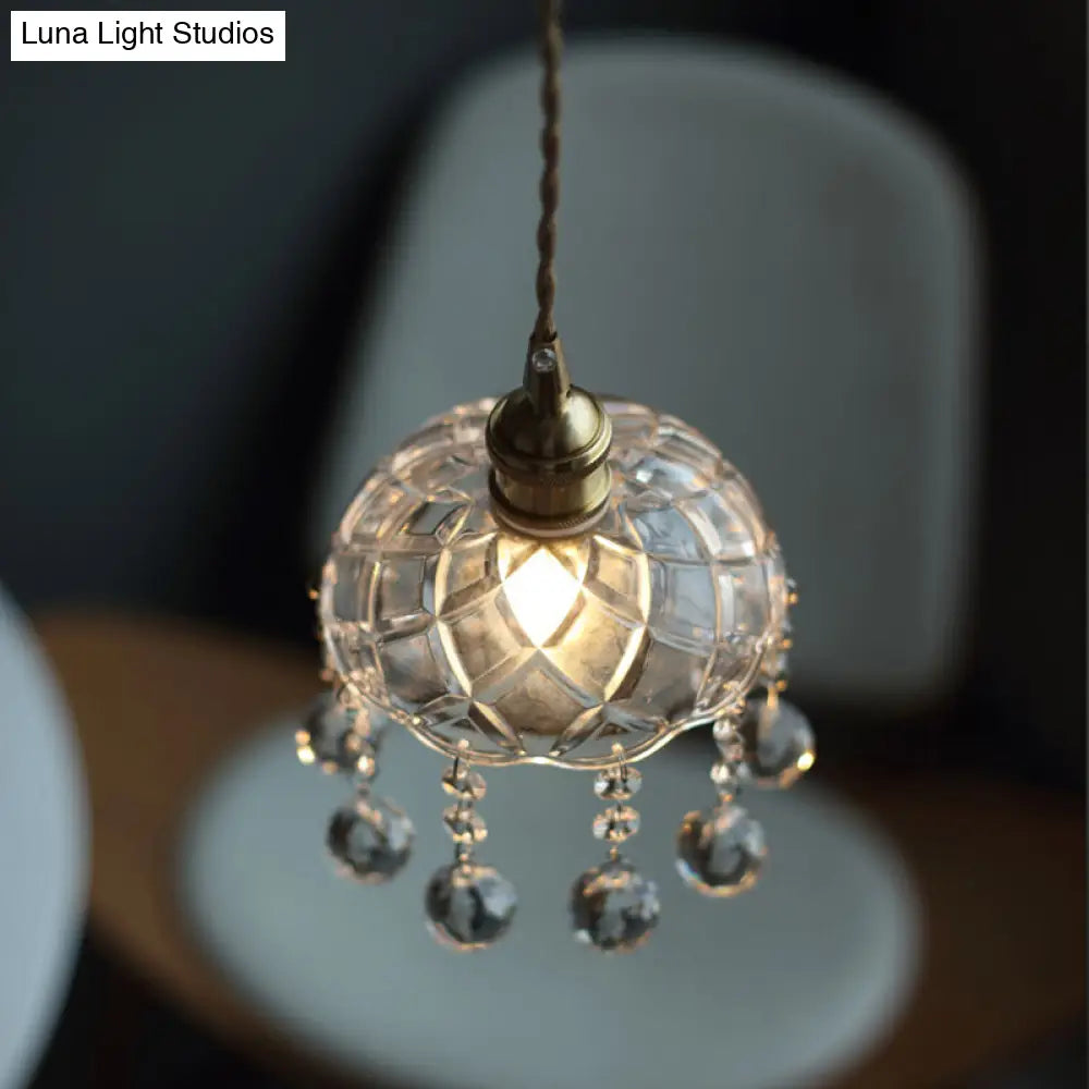 Clear Glass Industrial Pendant Light With Crystal Draping - Elegant Dining Room Ceiling Fixture / B