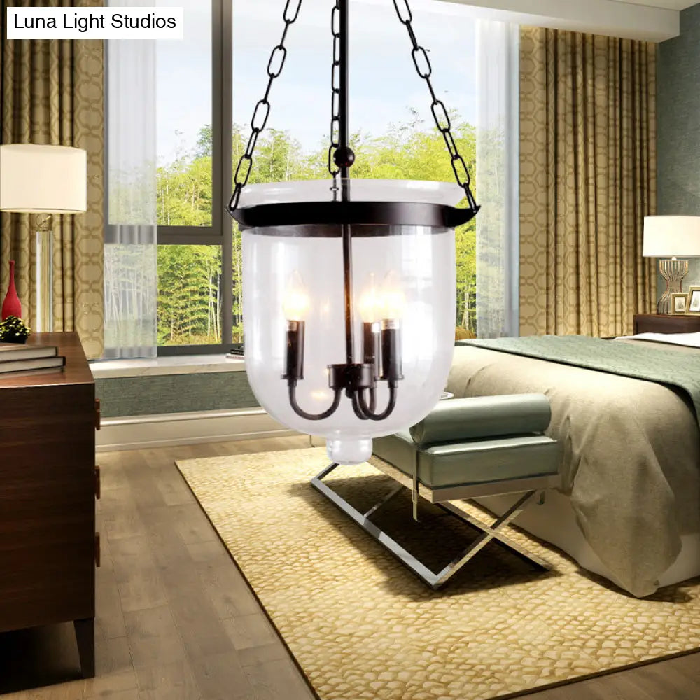 Industrial Clear Glass Pendant Chandelier With Chain - 3-Light Black Hanging Fixture / B