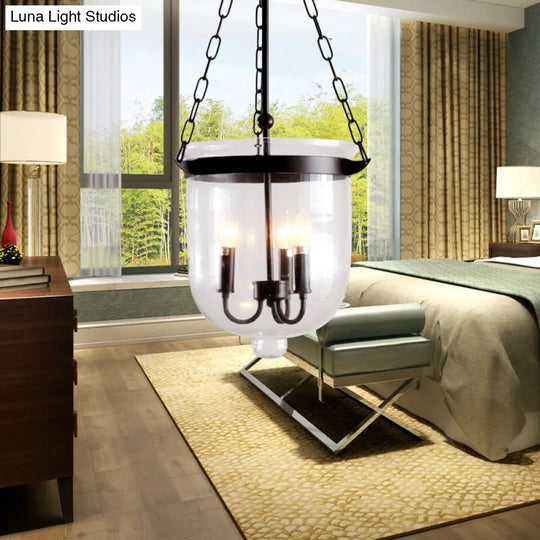 Industrial Clear Glass Pendant Chandelier With Chain - 3-Light Black Hanging Fixture / B