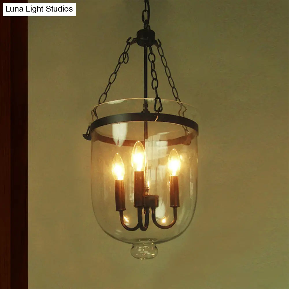 Industrial Clear Glass Chandelier Pendant Light - 3-Light Black Hanging Fixture For Dining Room