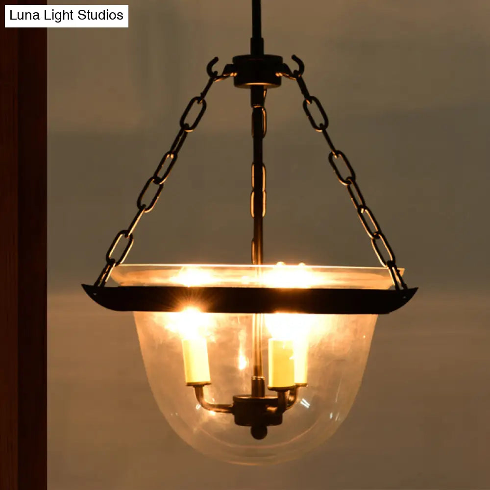 Industrial Clear Glass Pendant Chandelier With Chain - 3-Light Black Hanging Fixture