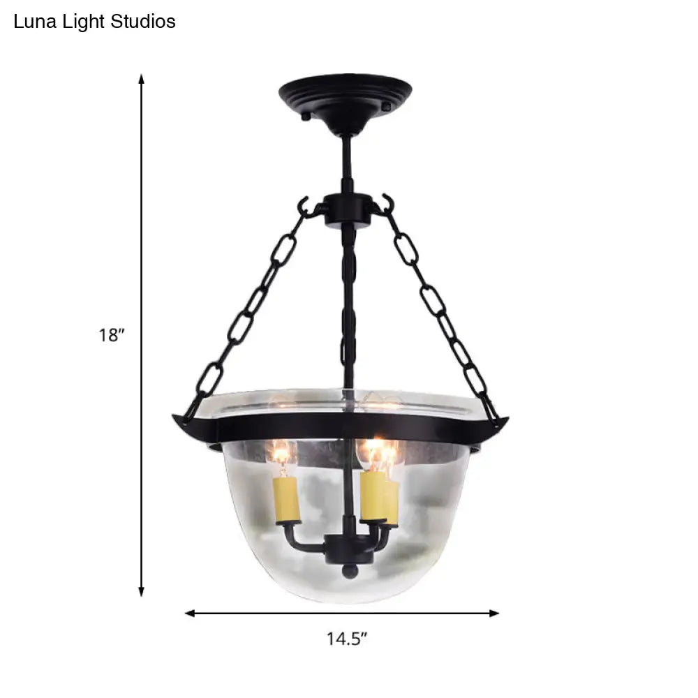 Industrial Clear Glass Pendant Chandelier With Chain - 3-Light Black Hanging Fixture