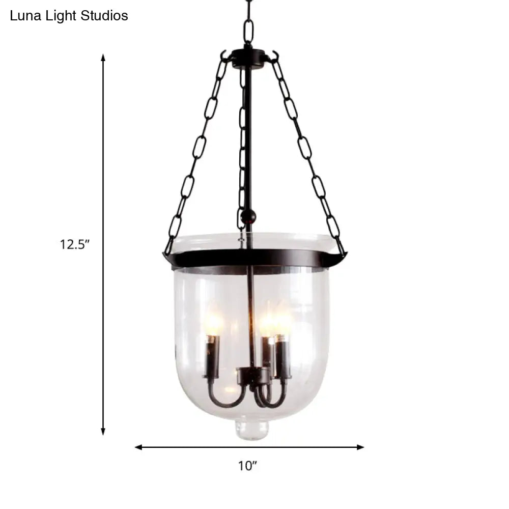 Industrial Clear Glass Pendant Chandelier With Chain - 3-Light Black Hanging Fixture