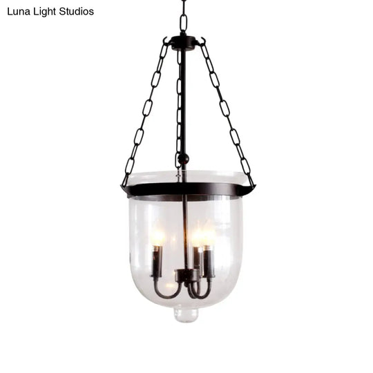 Industrial Clear Glass Pendant Chandelier With Chain - 3-Light Black Hanging Fixture