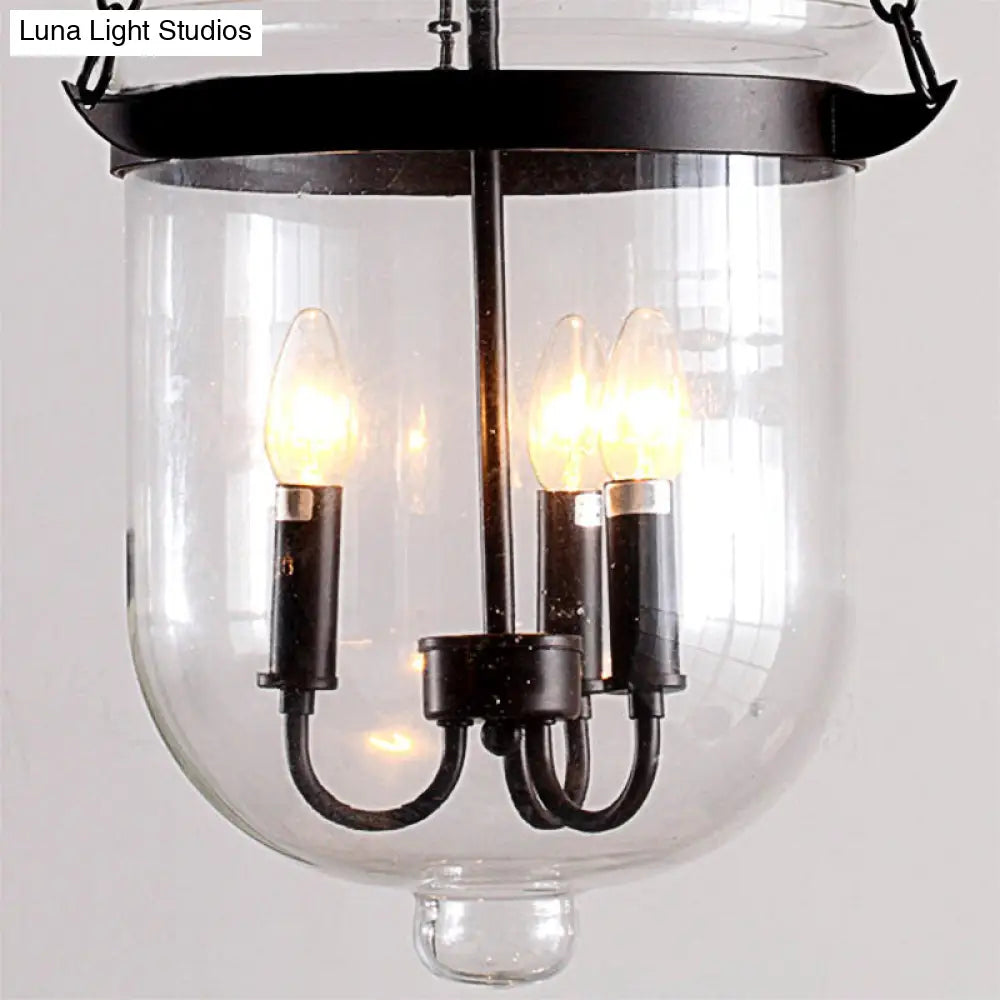 Industrial Clear Glass Chandelier Pendant Light - 3-Light Black Hanging Fixture For Dining Room