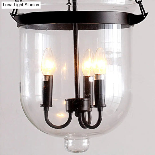 Industrial Clear Glass Pendant Chandelier With Chain - 3-Light Black Hanging Fixture