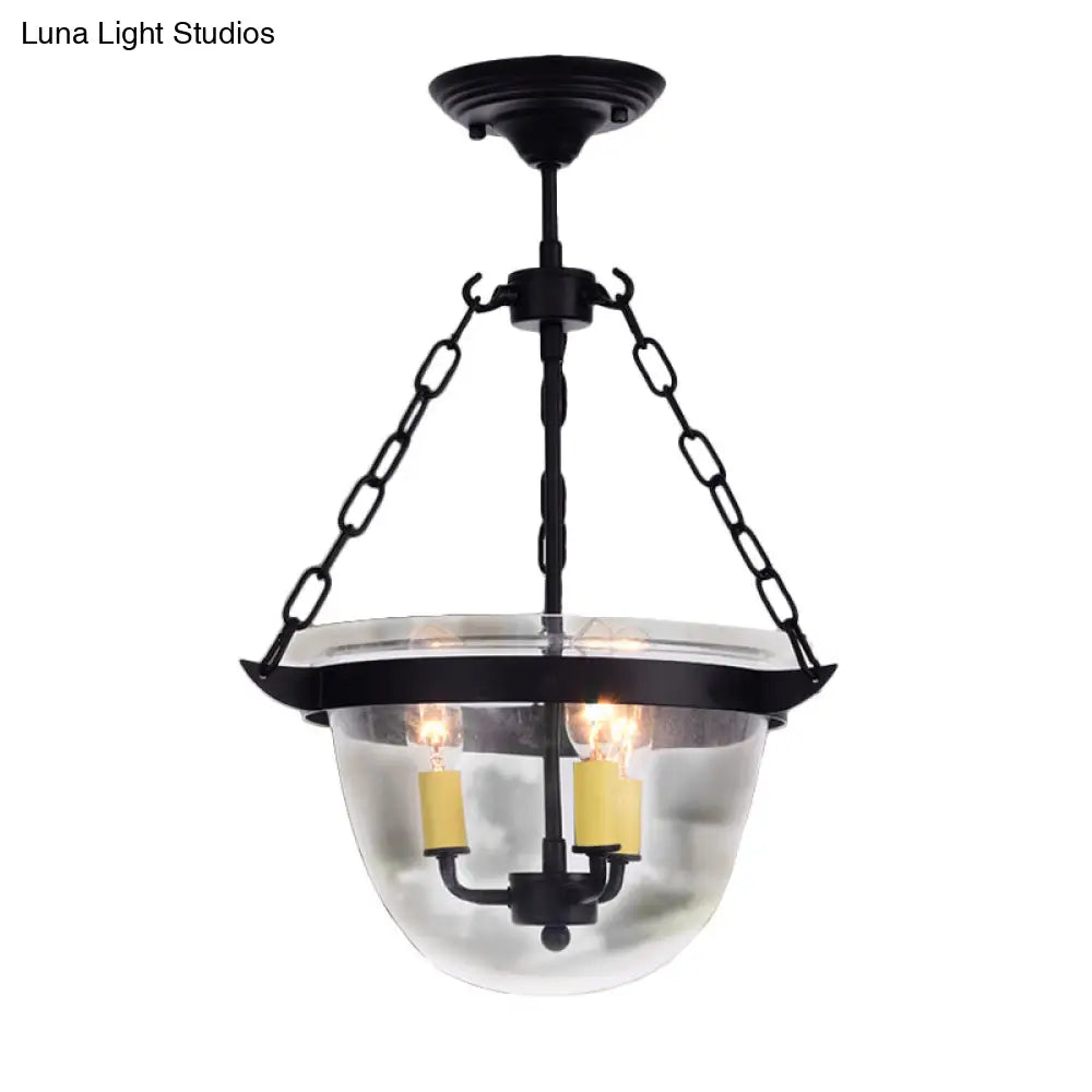 Industrial Clear Glass Pendant Chandelier With Chain - 3-Light Black Hanging Fixture