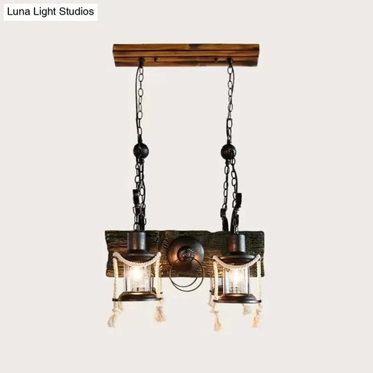 Industrial Clear Glass Chandelier With Wood Accents For Restaurant Ceiling - 4/6 Heads Lantern