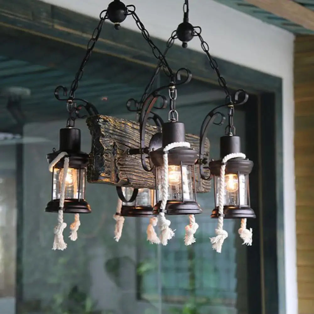 Industrial Clear Glass Chandelier With Wood Accents For Restaurant Ceiling - 4/6 Heads Lantern