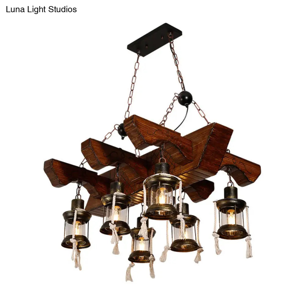 Industrial Clear Glass Chandelier With Wood Accents For Restaurant Ceiling - 4/6 Heads Lantern