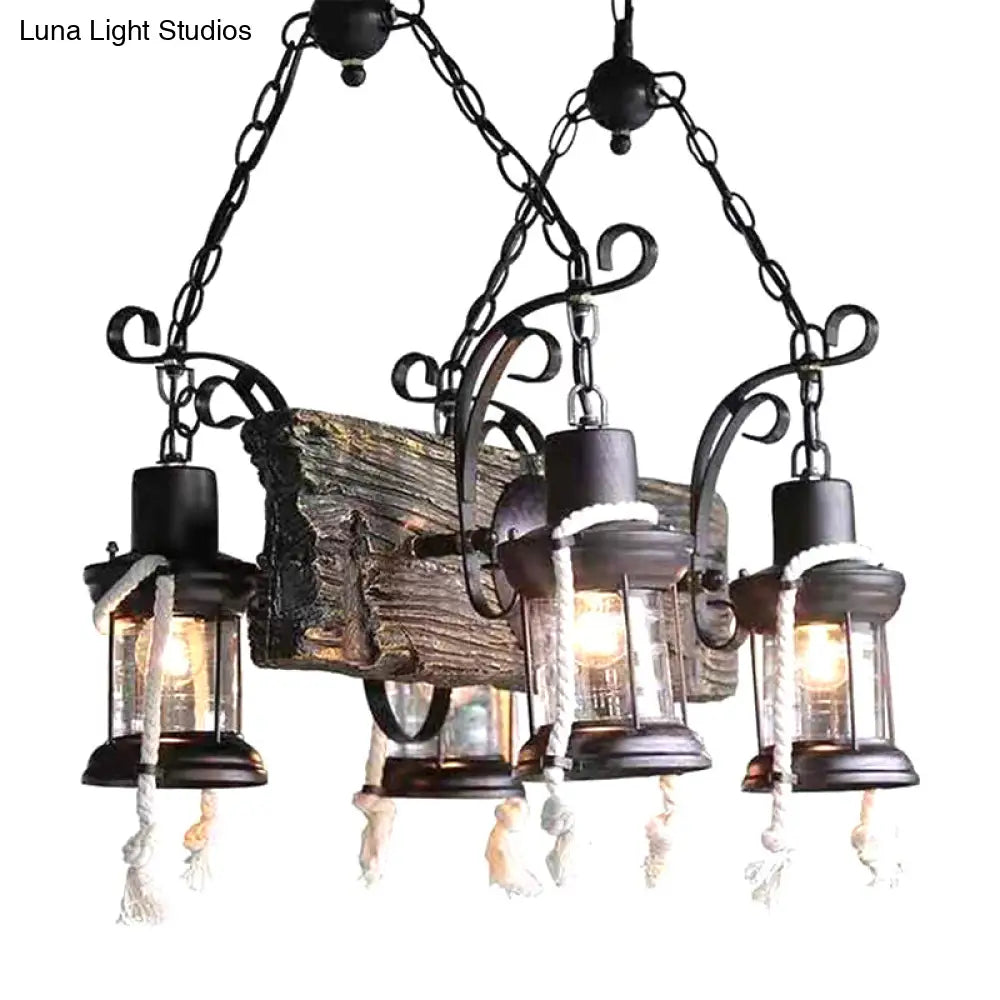 Industrial Lantern Chandelier Pendant Light With Clear Glass And Wood Finish - 4/6 Heads For