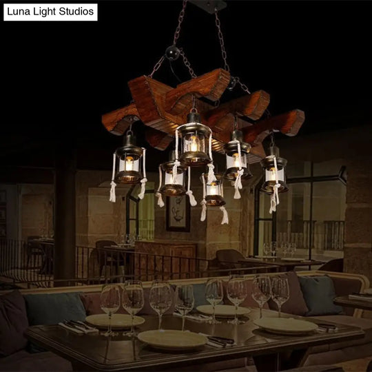 Industrial Lantern Chandelier Pendant Light With Clear Glass And Wood Finish - 4/6 Heads For