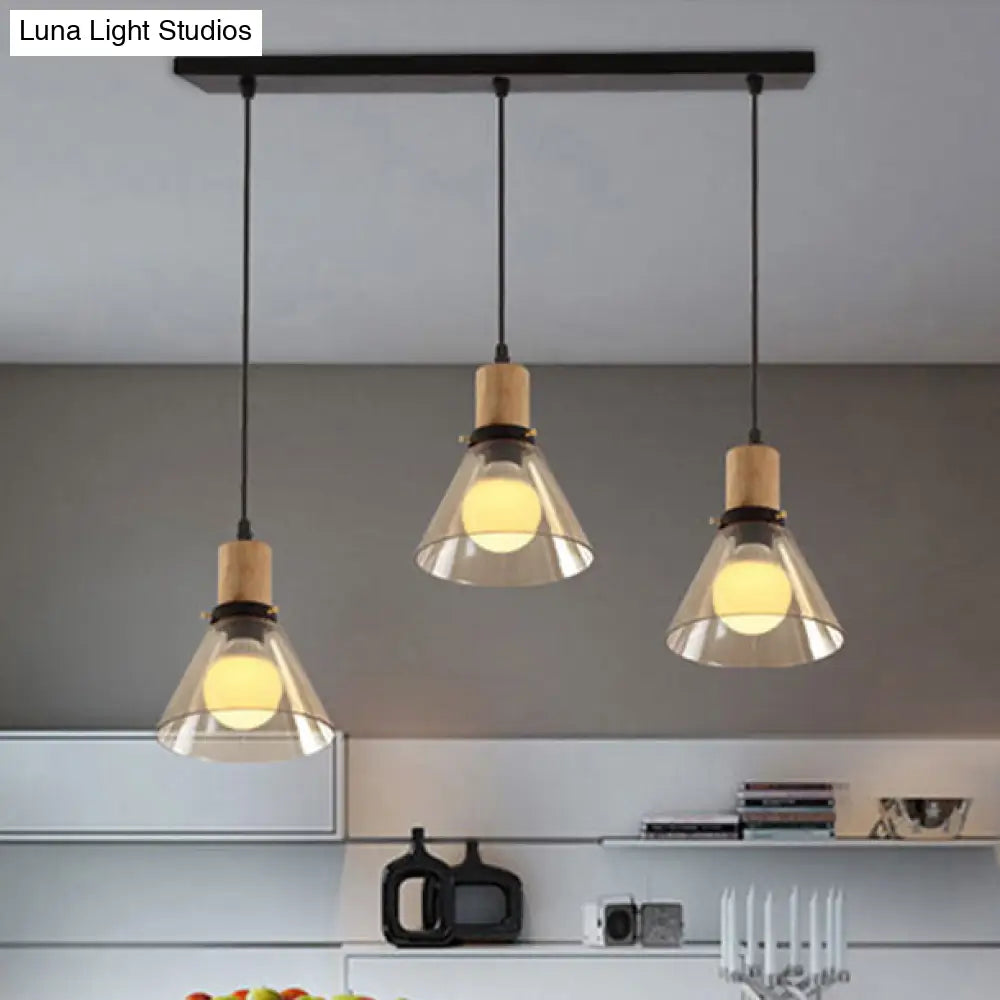 Industrial Clear Glass Cluster Pendant With Wood Frame - 3-Light Round/Linear Canopy Perfect For