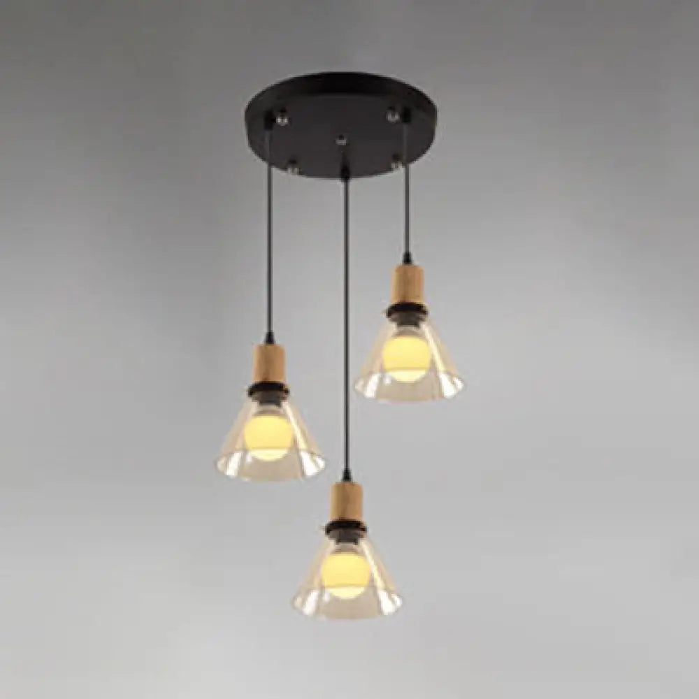 Industrial Clear Glass Cluster Pendant With Wood Frame - 3-Light Round/Linear Canopy Perfect For
