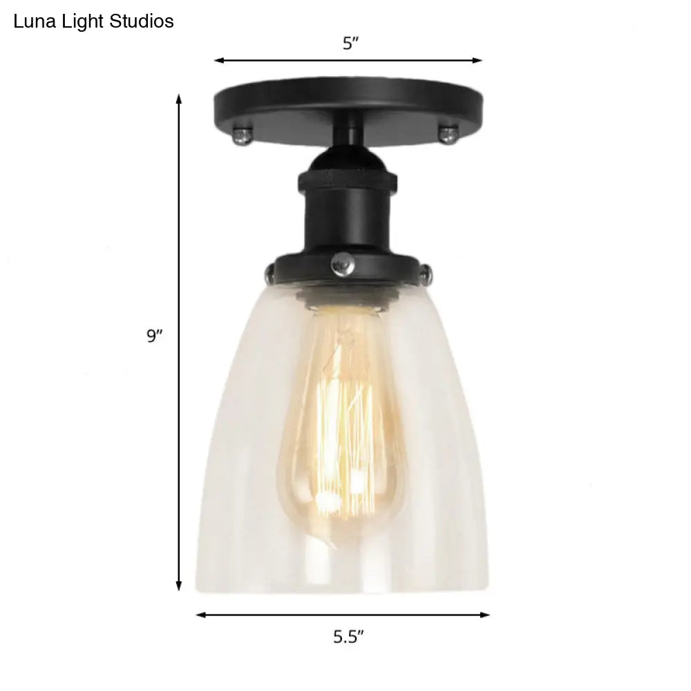 Industrial Clear Glass Cone Semi-Flush Light In Black For Living Rooms