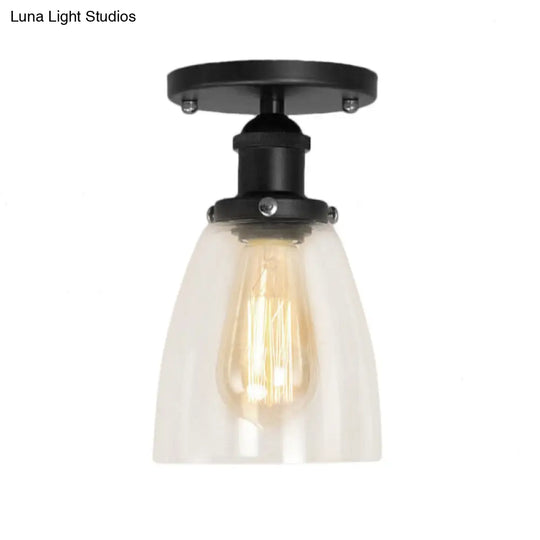 Industrial Clear Glass Cone Semi-Flush Light In Black For Living Rooms