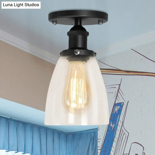 Industrial Clear Glass Cone Semi-Flush Light In Black For Living Rooms