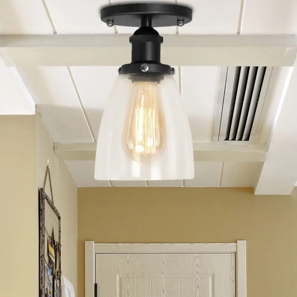 Industrial Clear Glass Cone Semi - Flush Light In Black For Living Rooms