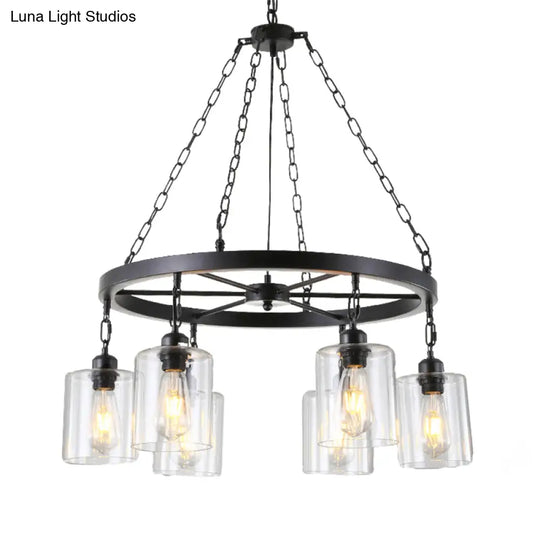 Industrial Clear Glass Cylinder Chandelier – Black 6/14 Light Hanging Fixture For Dining Room