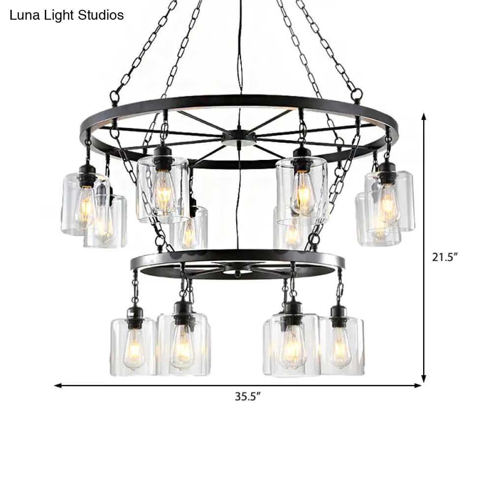 Industrial Clear Glass Cylinder Chandelier – Black 6/14 Light Hanging Fixture For Dining Room