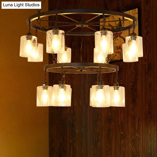 Industrial Clear Glass Cylinder Chandelier – Black 6/14 Light Hanging Fixture For Dining Room