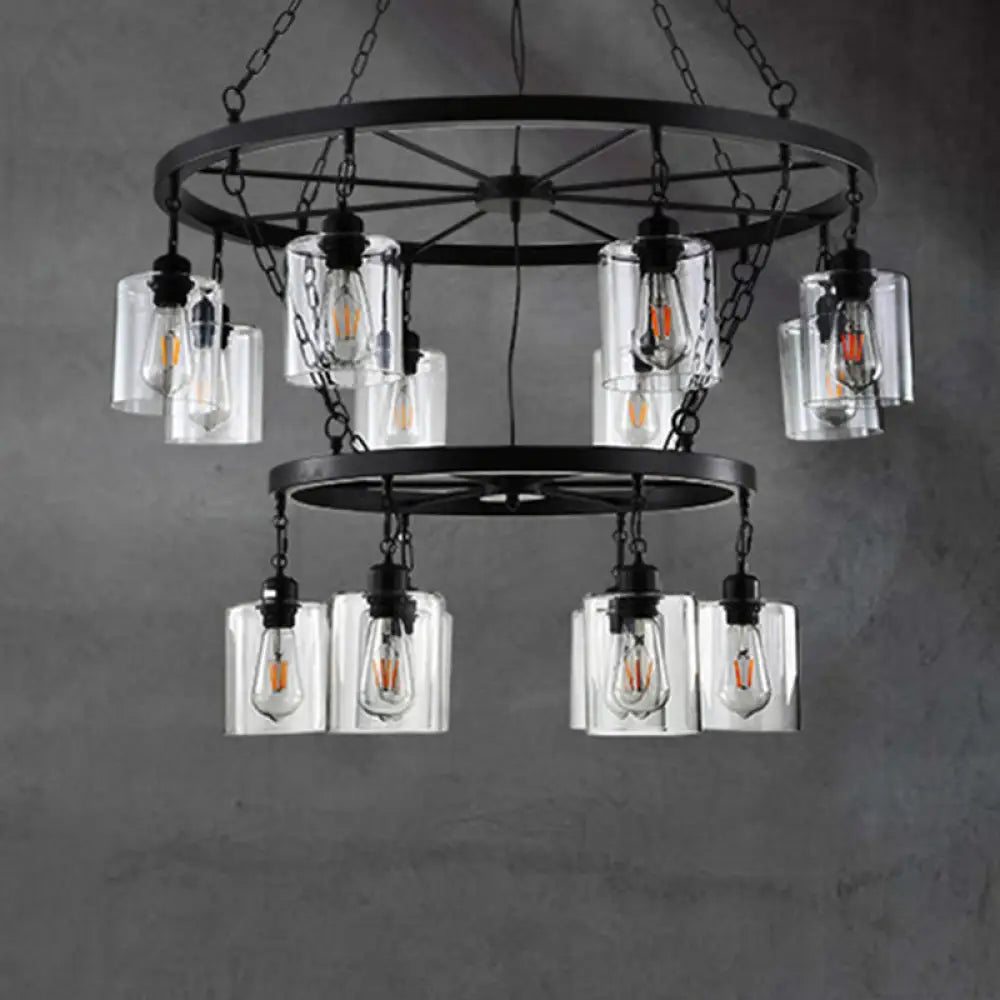 Industrial Clear Glass Cylinder Chandelier – Black 6/14 Light Hanging Fixture For Dining Room