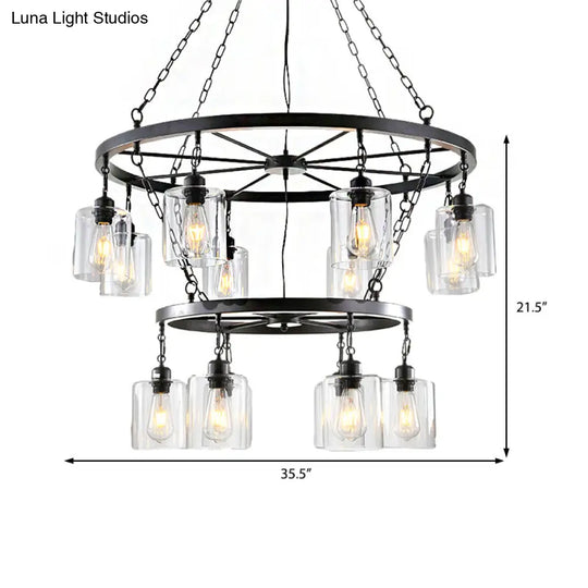 Industrial Clear Glass Cylinder Dining Room Ceiling Chandelier With Chain - Black Hanging Fixture